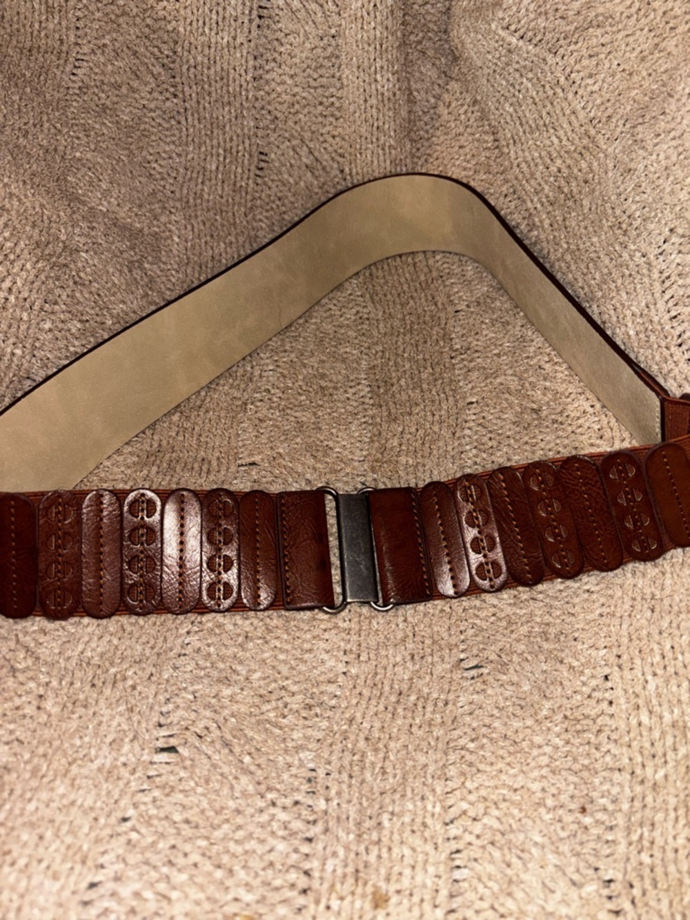 2 Inch Wide/35 Inch Length Brown Leather Belt with Oval Stitched Panels - Picture 3 of 4